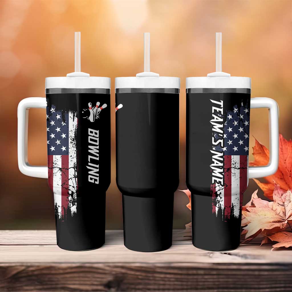Grunge American Flag Custom Bowling Tumbler With Handle Pins Graphic and Team Text Layout Design - Wonder Print Shop