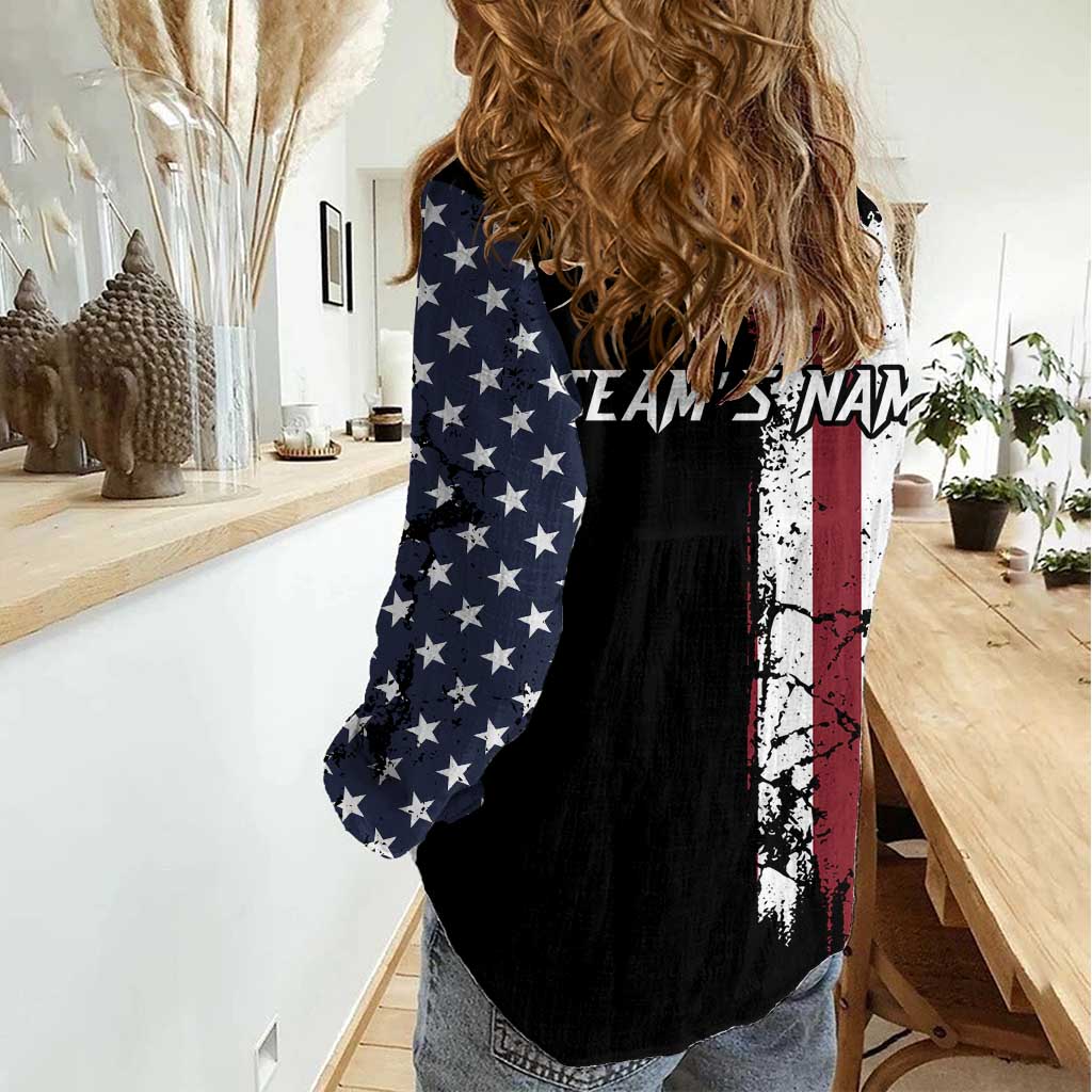 Grunge American Flag Custom Bowling Women Casual Shirt Pins Graphic and Team Text Layout Design - Wonder Print Shop