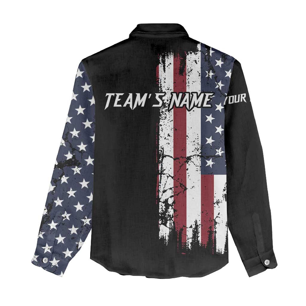 Grunge American Flag Custom Bowling Women Casual Shirt Pins Graphic and Team Text Layout Design - Wonder Print Shop