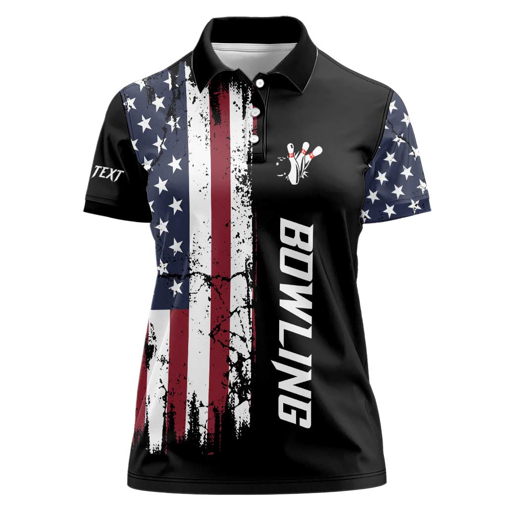 Grunge American Flag Custom Bowling Women Polo Shirt Pins Graphic and Team Text Layout Design - Wonder Print Shop