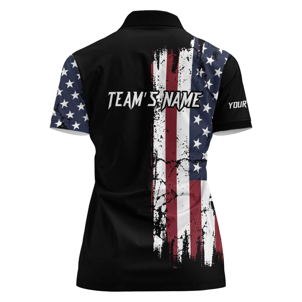 Grunge American Flag Custom Bowling Women Polo Shirt Pins Graphic and Team Text Layout Design - Wonder Print Shop