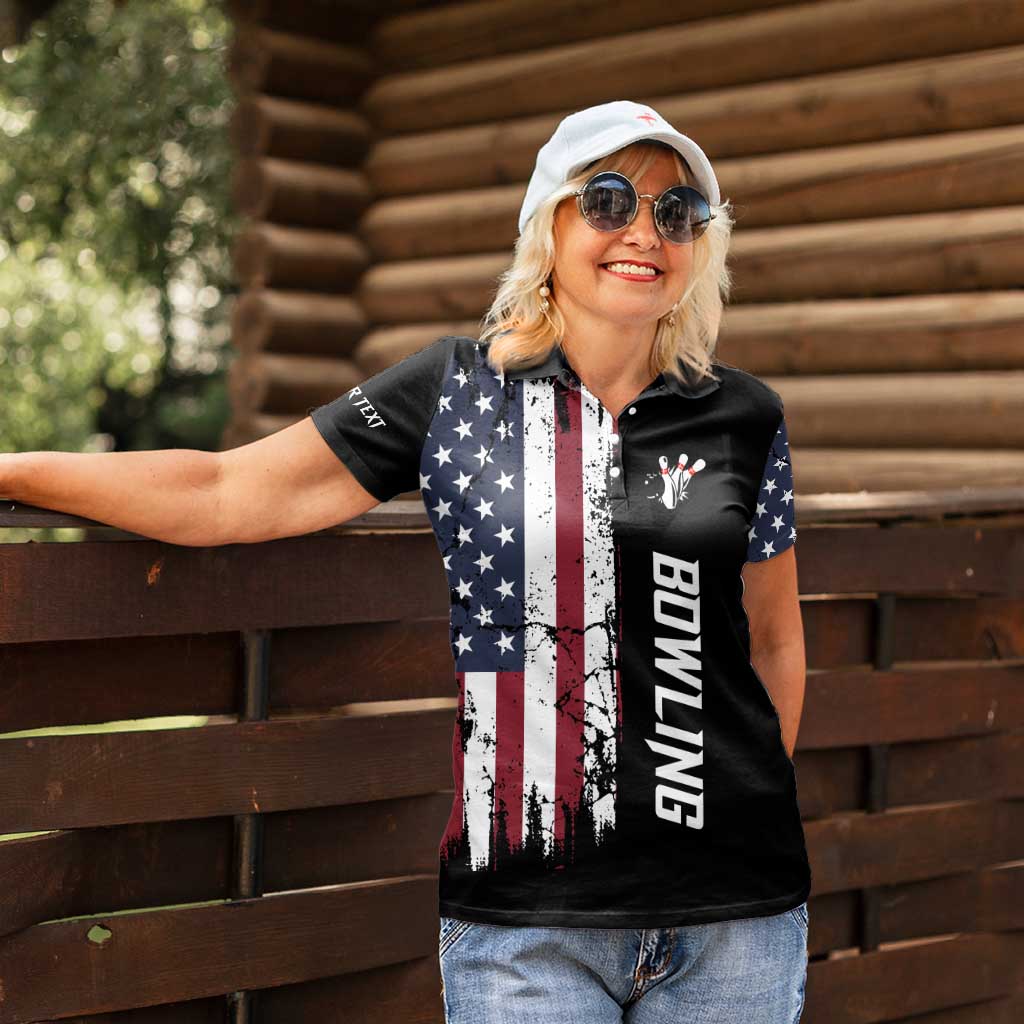 Grunge American Flag Custom Bowling Women Polo Shirt Pins Graphic and Team Text Layout Design - Wonder Print Shop