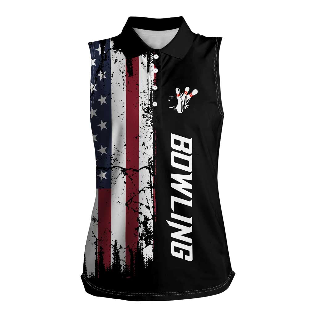 Grunge American Flag Custom Bowling Women Sleeveless Polo Shirt Pins Graphic and Team Text Layout Design - Wonder Print Shop