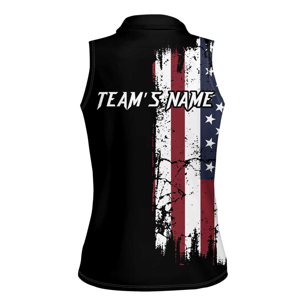 Grunge American Flag Custom Bowling Women Sleeveless Polo Shirt Pins Graphic and Team Text Layout Design - Wonder Print Shop