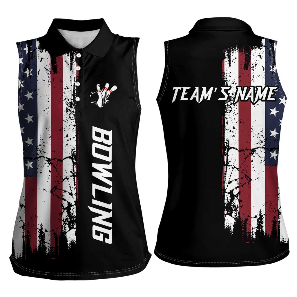 Grunge American Flag Custom Bowling Women Sleeveless Polo Shirt Pins Graphic and Team Text Layout Design - Wonder Print Shop