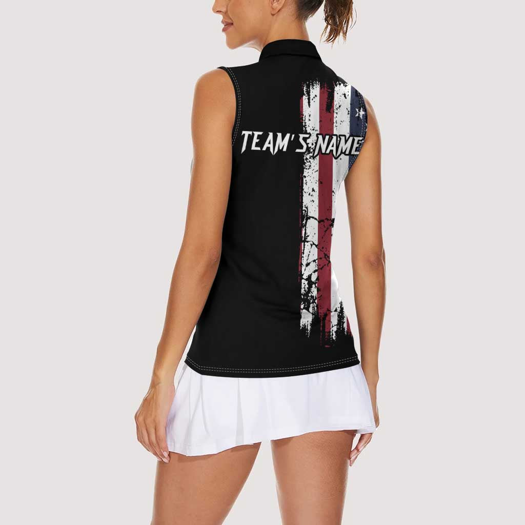Grunge American Flag Custom Bowling Women Sleeveless Polo Shirt Pins Graphic and Team Text Layout Design - Wonder Print Shop