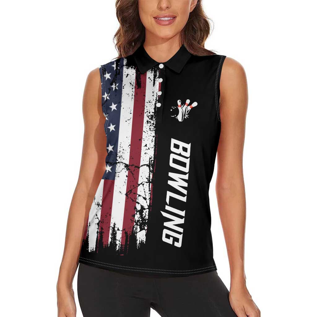 Grunge American Flag Custom Bowling Women Sleeveless Polo Shirt Pins Graphic and Team Text Layout Design - Wonder Print Shop