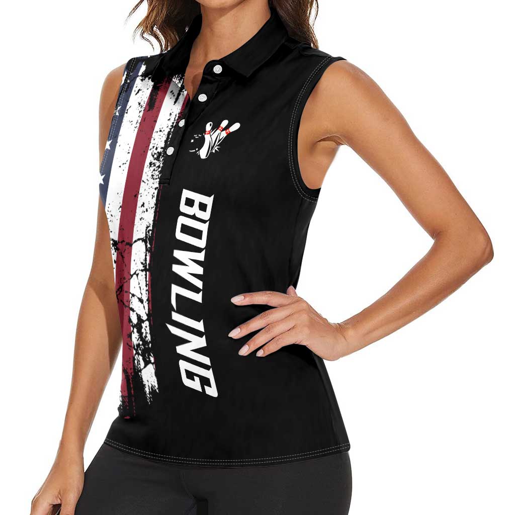 Grunge American Flag Custom Bowling Women Sleeveless Polo Shirt Pins Graphic and Team Text Layout Design - Wonder Print Shop
