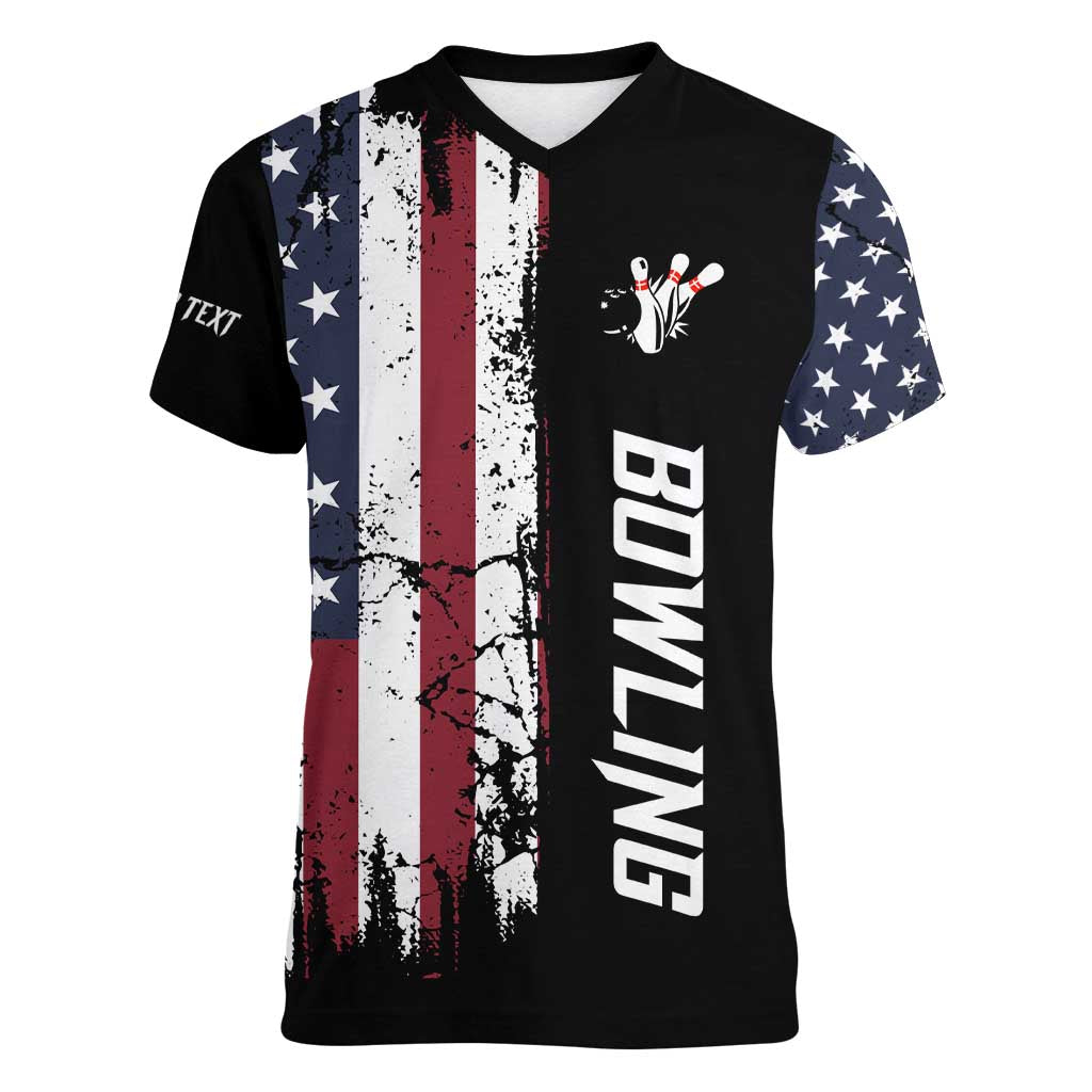 Grunge American Flag Custom Bowling Women V-Neck T-Shirt Pins Graphic and Team Text Layout Design - Wonder Print Shop