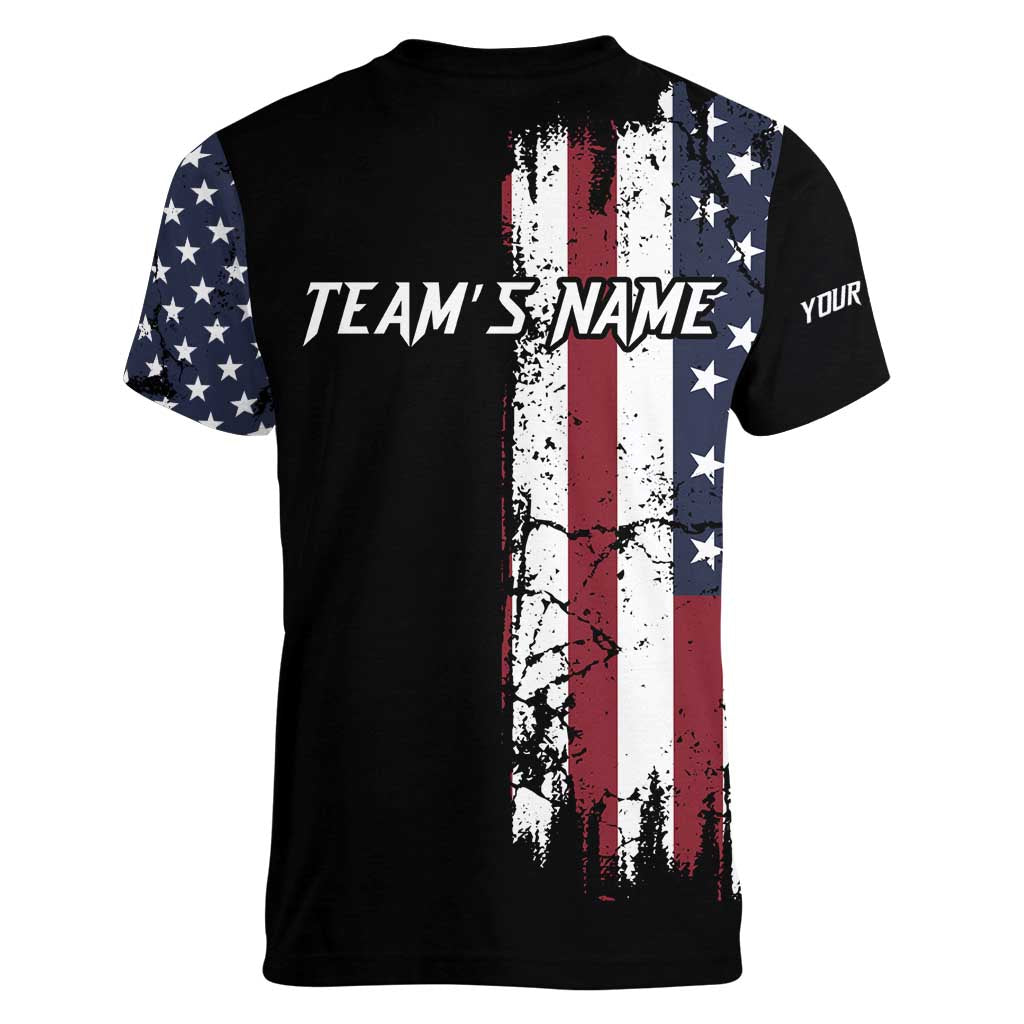 Grunge American Flag Custom Bowling Women V-Neck T-Shirt Pins Graphic and Team Text Layout Design - Wonder Print Shop