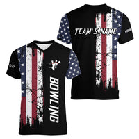 Grunge American Flag Custom Bowling Women V-Neck T-Shirt Pins Graphic and Team Text Layout Design - Wonder Print Shop