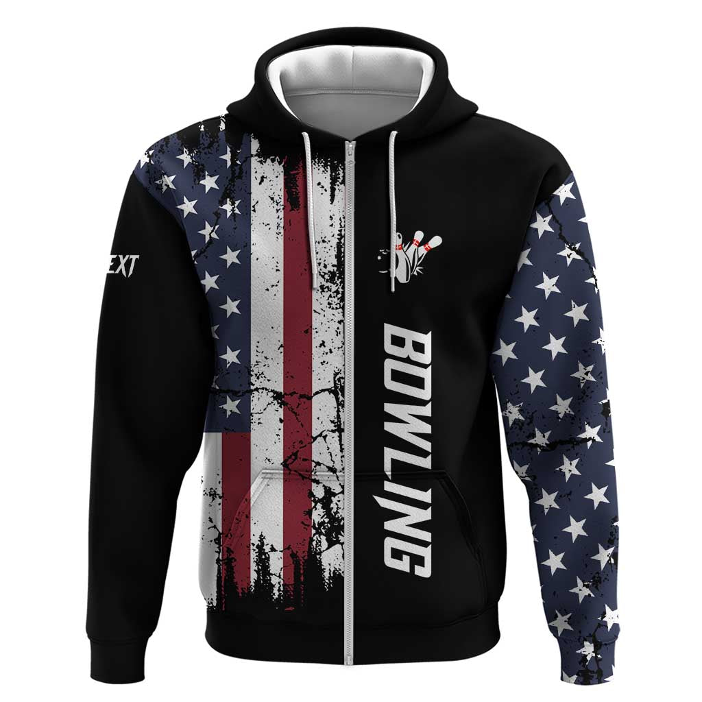 Grunge American Flag Custom Bowling Zip Hoodie Pins Graphic and Team Text Layout Design - Wonder Print Shop