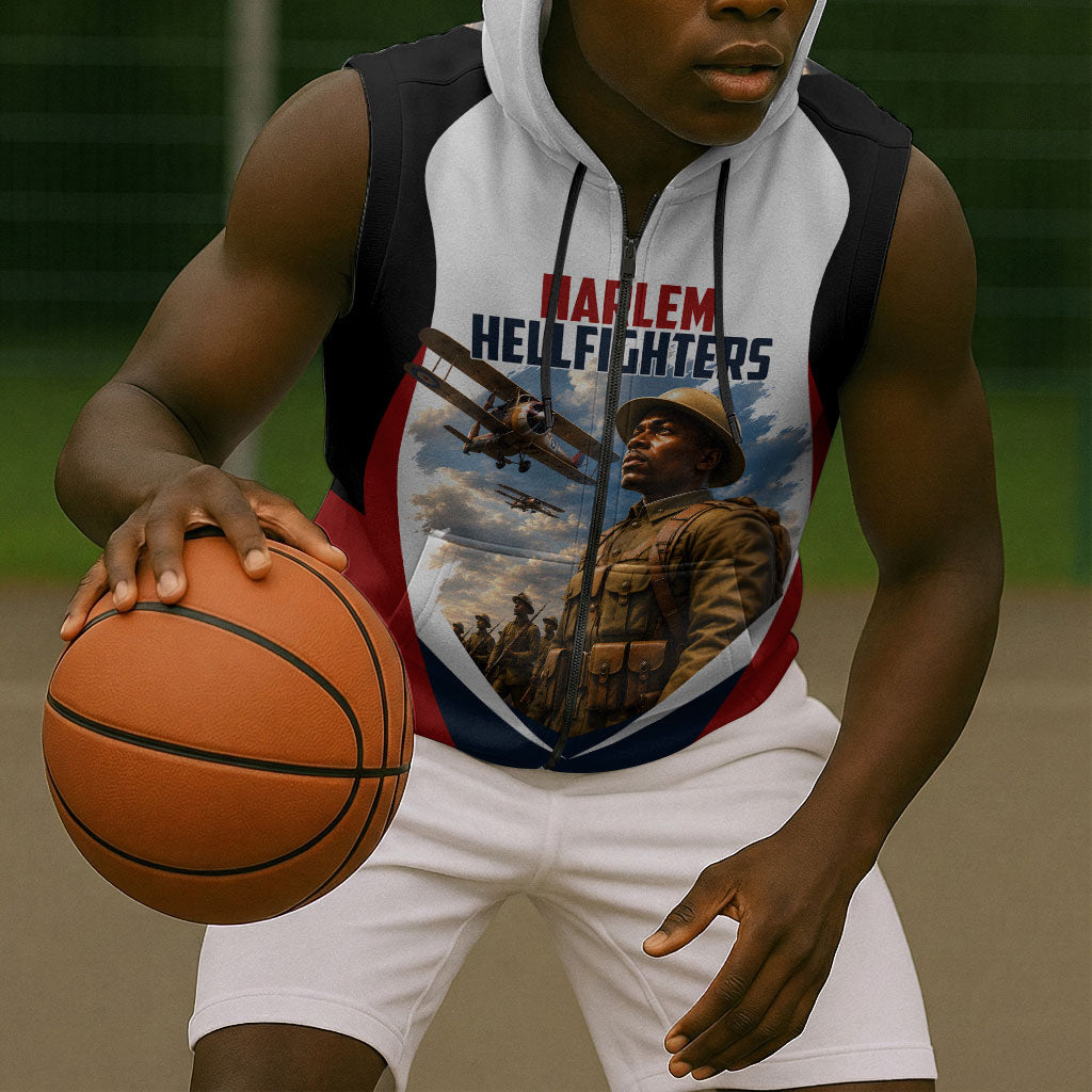 Personalized Harlem Hellfighters Sleeveless Zip Hoodie WWI African American Soldiers Patriotic Vintage Art