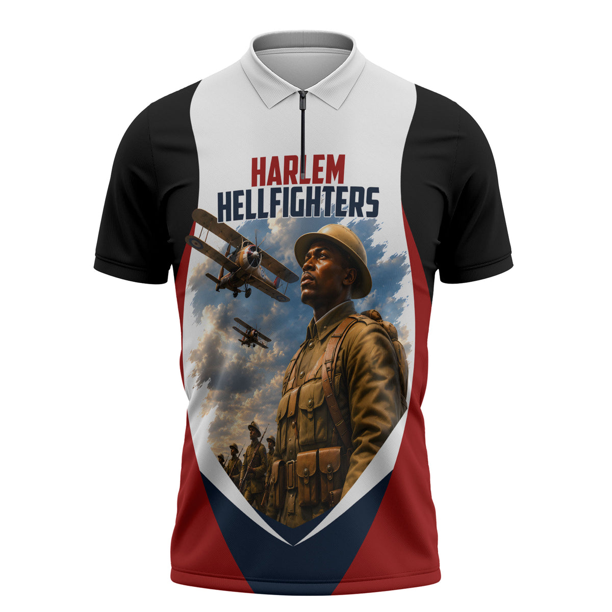 Personalized Harlem Hellfighters Zipper Polo Shirt WWI African American Soldiers Patriotic Vintage Art