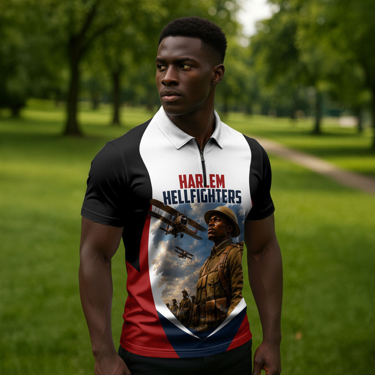 Personalized Harlem Hellfighters Zipper Polo Shirt WWI African American Soldiers Patriotic Vintage Art