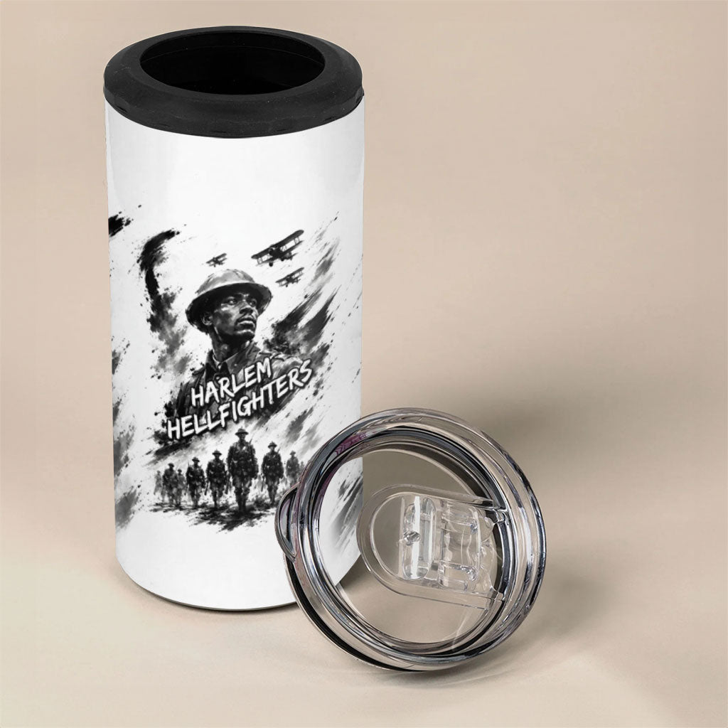 Personalized Harlem Hellfighters 4 in 1 Can Cooler Tumbler WWI African American Soldiers Monochrome Grunge Sketch Art