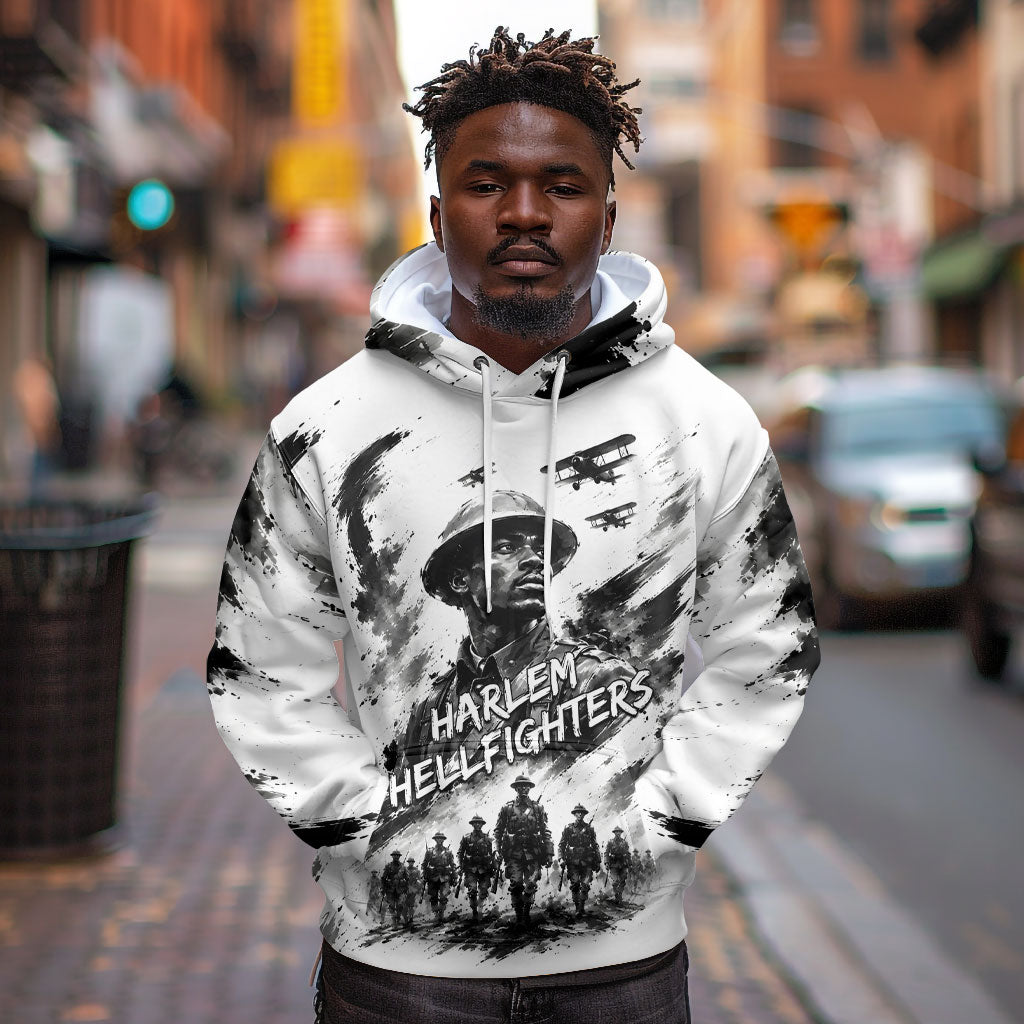 Personalized Harlem Hellfighters Hoodie WWI African American Soldiers Monochrome Grunge Sketch Art