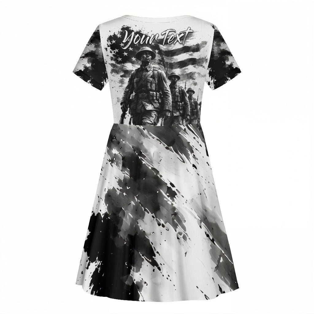 Personalized Harlem Hellfighters Kid Short Sleeve Dress WWI African American Soldiers Monochrome Grunge Sketch Art