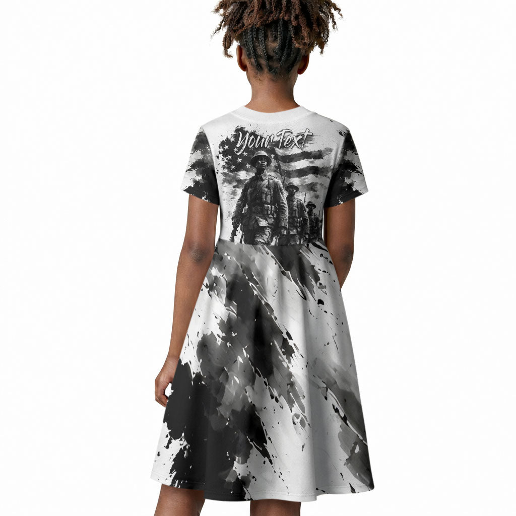 Personalized Harlem Hellfighters Kid Short Sleeve Dress WWI African American Soldiers Monochrome Grunge Sketch Art