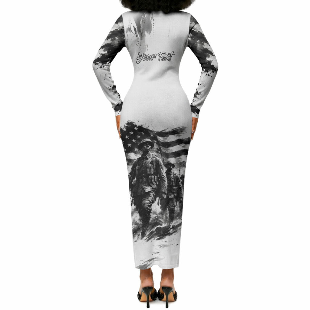 Personalized Harlem Hellfighters Long Sleeve Bodycon Dress WWI African American Soldiers Monochrome Grunge Sketch Art