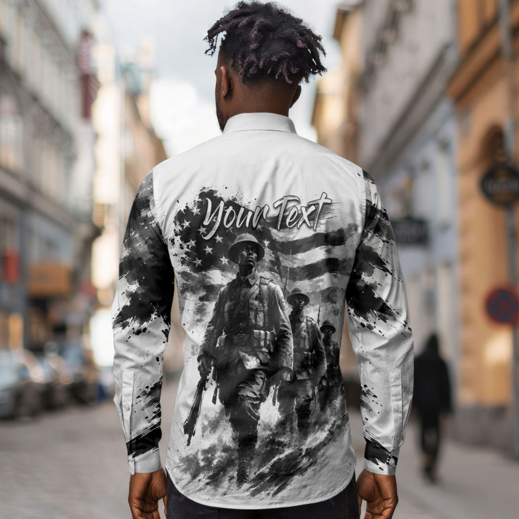 Personalized Harlem Hellfighters Long Sleeve Button Shirt WWI African American Soldiers Monochrome Grunge Sketch Art
