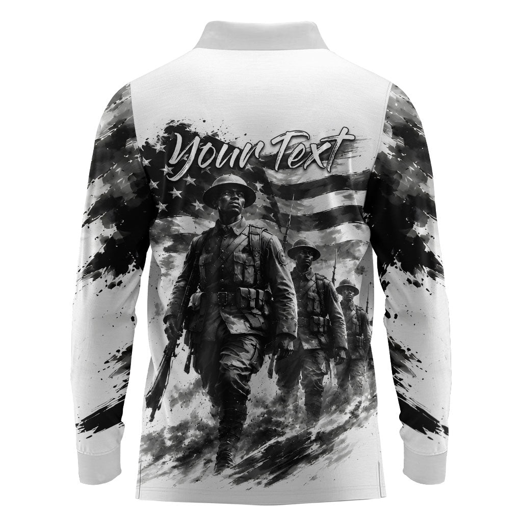 Personalized Harlem Hellfighters Long Sleeve Polo Shirt WWI African American Soldiers Monochrome Grunge Sketch Art