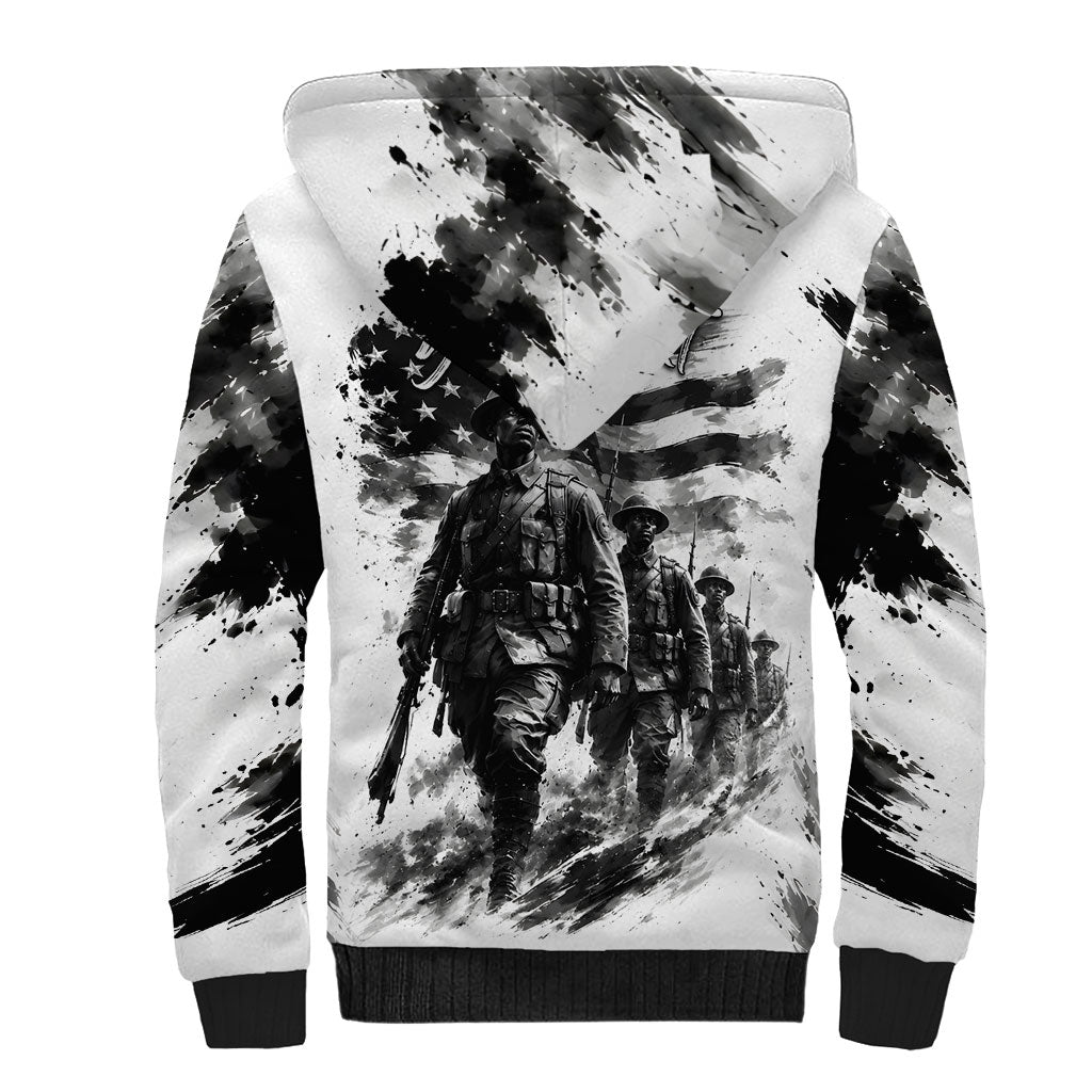 Personalized Harlem Hellfighters Sherpa Hoodie WWI African American Soldiers Monochrome Grunge Sketch Art