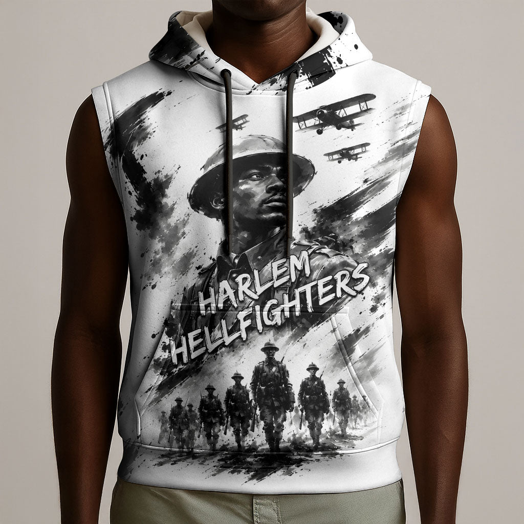 Personalized Harlem Hellfighters Sleeveless Hoodie WWI African American Soldiers Monochrome Grunge Sketch Art