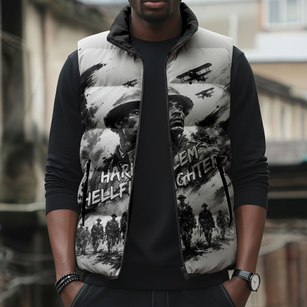 Personalized Harlem Hellfighters Sleeveless Puffer Jacket WWI African American Soldiers Monochrome Grunge Sketch Art