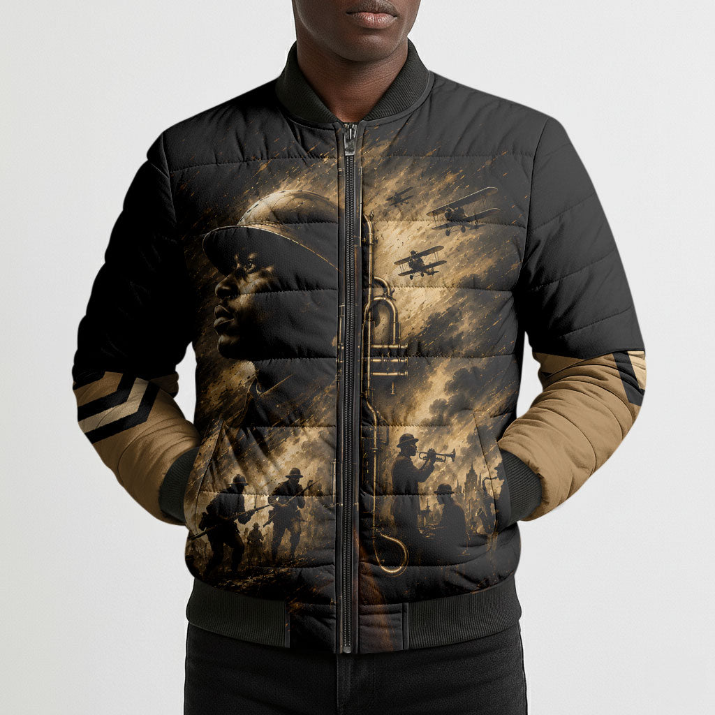Harlem Hellfighters WWI Soldier Bomber Puffer Jacket Vintage Military Jazz Band Artwork