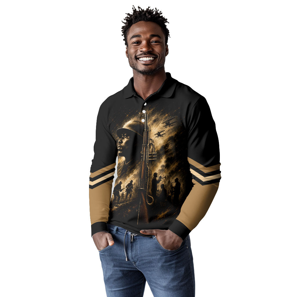Harlem Hellfighters WWI Soldier Long Sleeve Polo Shirt Vintage Military Jazz Band Artwork