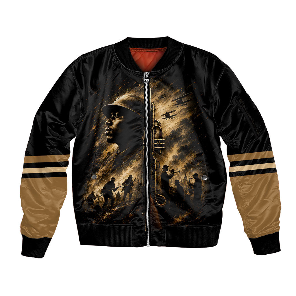 Harlem Hellfighters WWI Soldier Sleeve Zip Bomber Jacket Vintage Military Jazz Band Artwork
