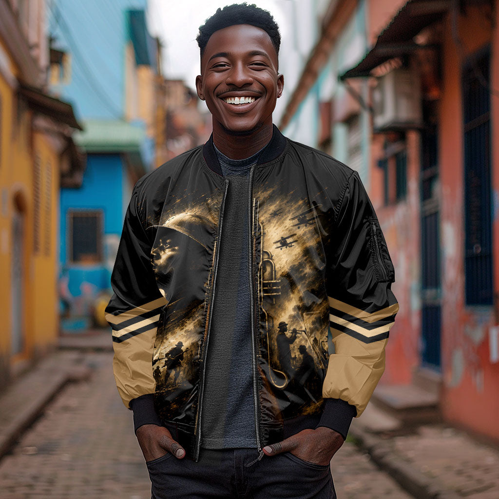Harlem Hellfighters WWI Soldier Sleeve Zip Bomber Jacket Vintage Military Jazz Band Artwork