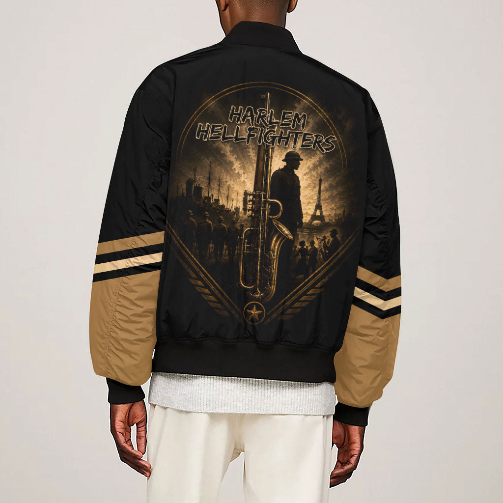 Harlem Hellfighters WWI Soldier Sleeve Zip Bomber Jacket Vintage Military Jazz Band Artwork