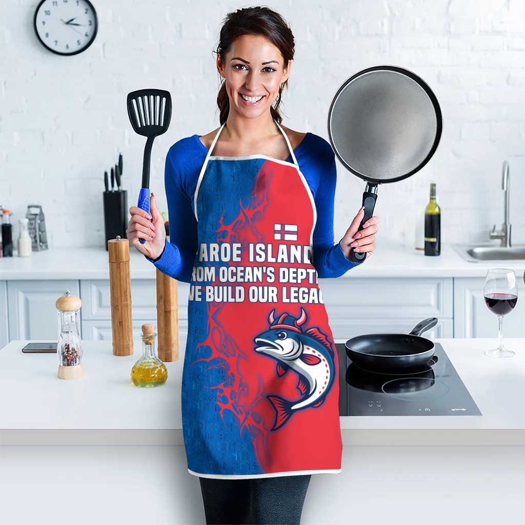 Faroe Islands Apron with Viking Fish Illustration Red Blue Runic Design - Wonder Print Shop