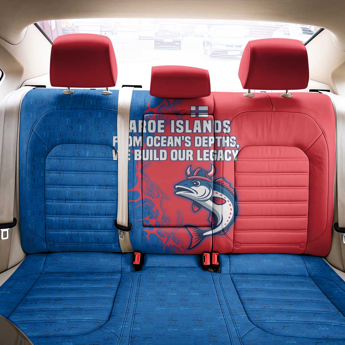 Faroe Islands Back Car Seat Cover with Viking Fish Illustration Red Blue Runic Design - Wonder Print Shop