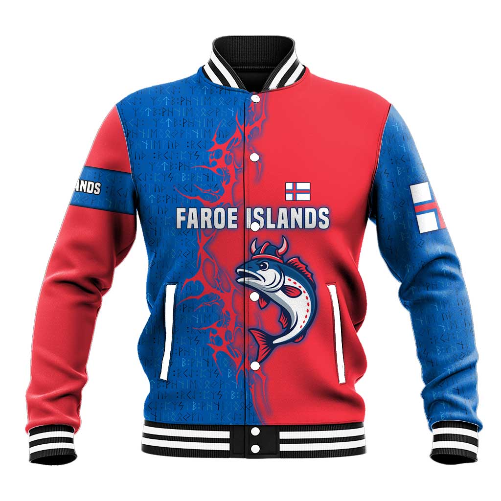 Faroe Islands Baseball Jacket with Viking Fish Illustration Red Blue Runic Design - Wonder Print Shop