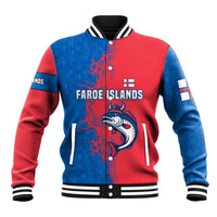Faroe Islands Baseball Jacket with Viking Fish Illustration Red Blue Runic Design - Wonder Print Shop
