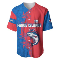Faroe Islands Baseball Jersey with Viking Fish Illustration Red Blue Runic Design - Wonder Print Shop
