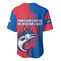 Faroe Islands Baseball Jersey with Viking Fish Illustration Red Blue Runic Design - Wonder Print Shop