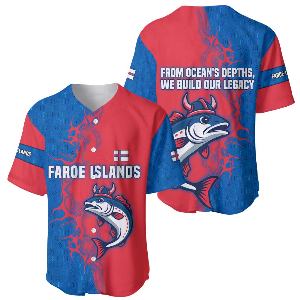 Faroe Islands Baseball Jersey with Viking Fish Illustration Red Blue Runic Design - Wonder Print Shop