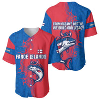 Faroe Islands Baseball Jersey with Viking Fish Illustration Red Blue Runic Design - Wonder Print Shop