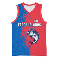 Faroe Islands Basketball Jersey with Viking Fish Illustration Red Blue Runic Design - Wonder Print Shop