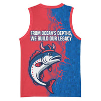 Faroe Islands Basketball Jersey with Viking Fish Illustration Red Blue Runic Design - Wonder Print Shop