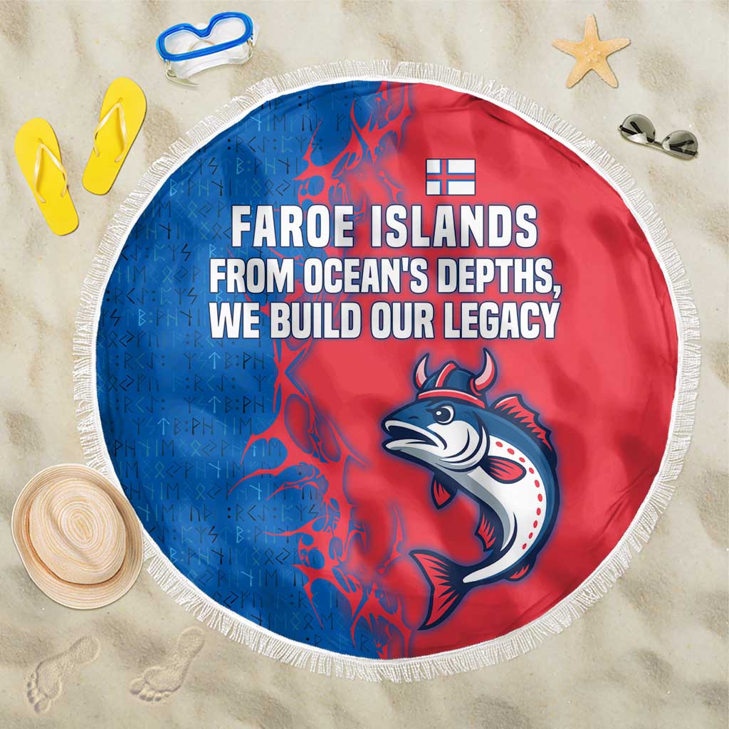 Faroe Islands Beach Blanket with Viking Fish Illustration Red Blue Runic Design - Wonder Print Shop