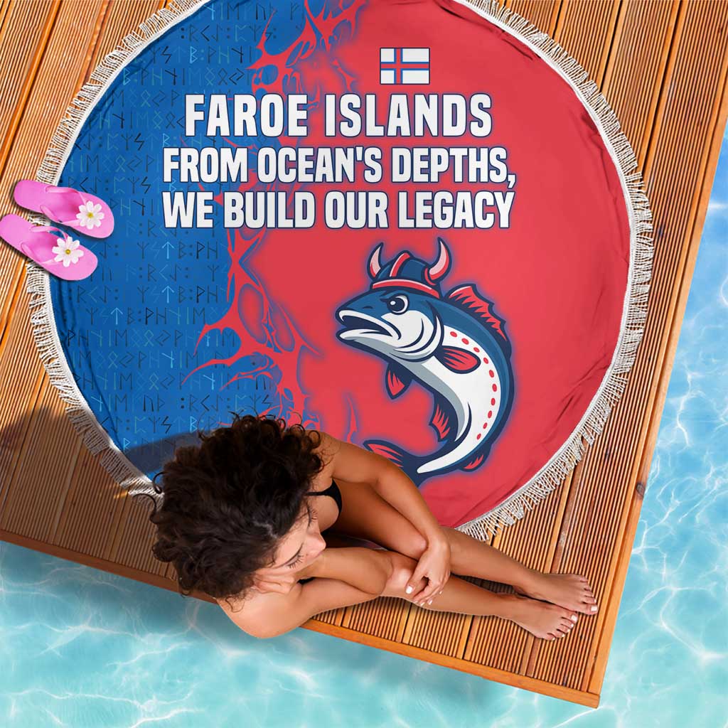 Faroe Islands Beach Blanket with Viking Fish Illustration Red Blue Runic Design - Wonder Print Shop