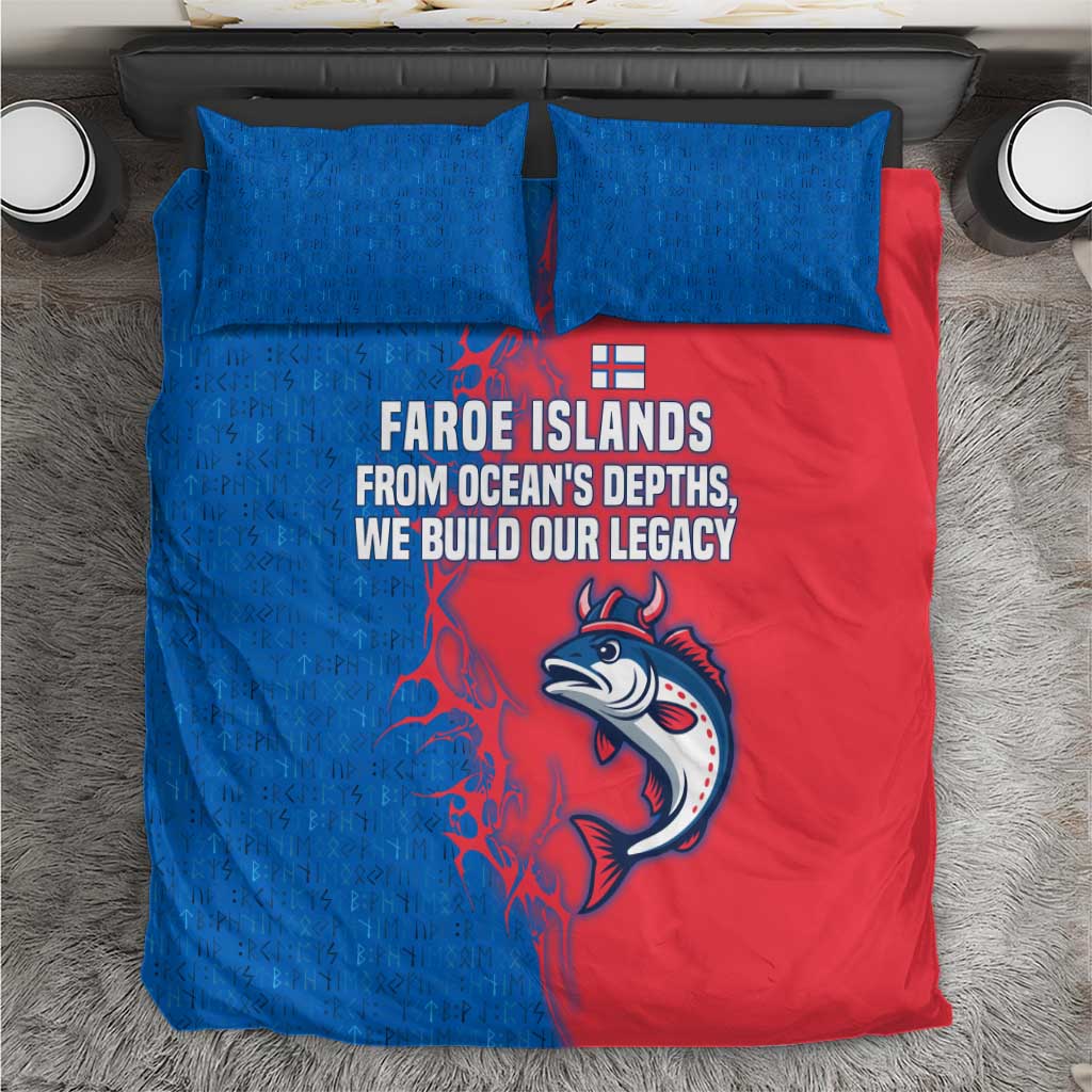 Faroe Islands Bedding Set with Viking Fish Illustration Red Blue Runic Design - Wonder Print Shop
