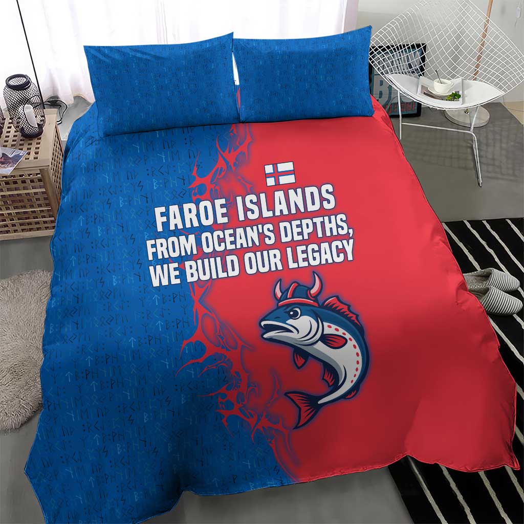 Faroe Islands Bedding Set with Viking Fish Illustration Red Blue Runic Design - Wonder Print Shop