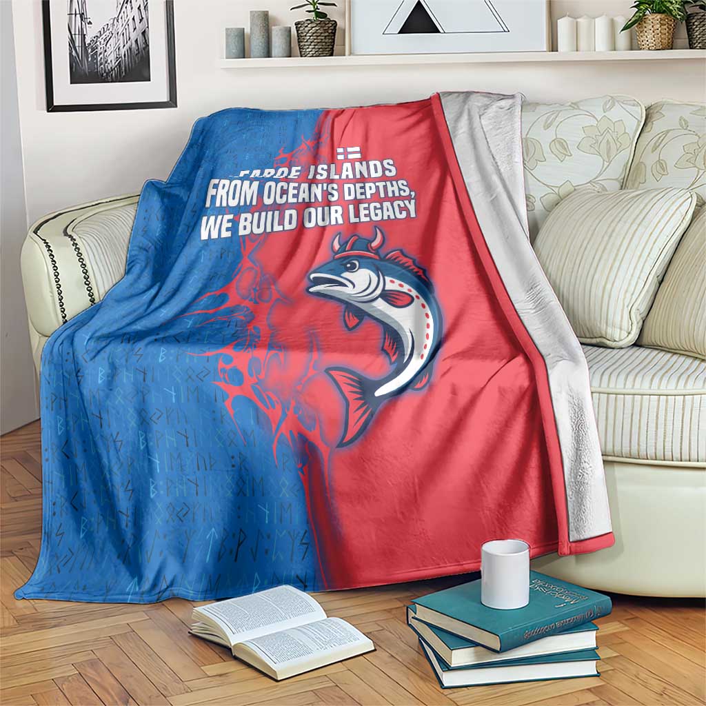 Faroe Islands Blanket with Viking Fish Illustration Red Blue Runic Design - Wonder Print Shop