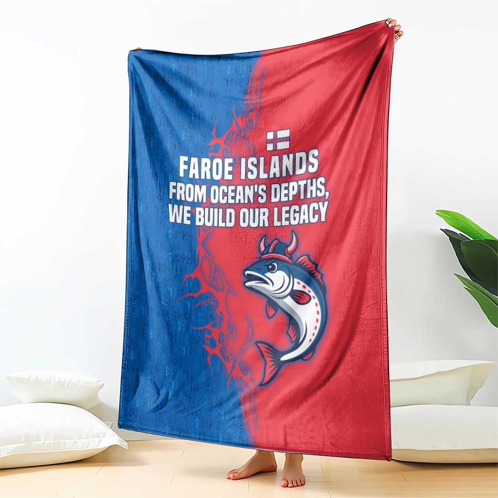 Faroe Islands Blanket with Viking Fish Illustration Red Blue Runic Design - Wonder Print Shop